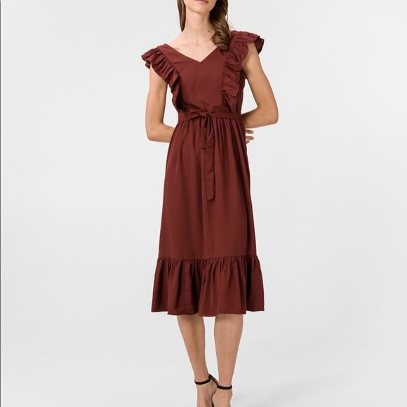 Vero Moda Odette Brown Ruffle Calf Dress NWT Sz M Women’s Polyester Tie Back - Picture 7 of 15